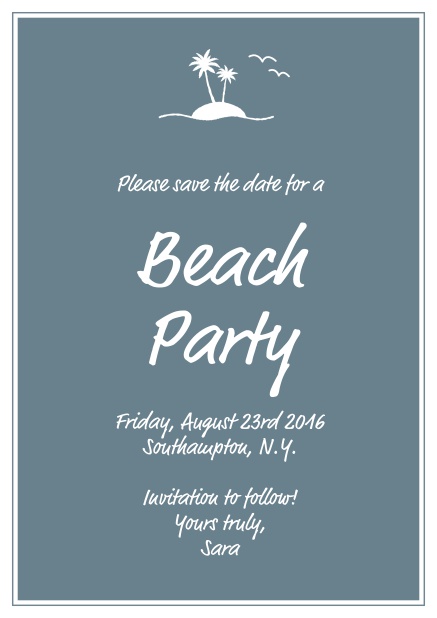 Online save the date card with small island illusatration with palm trees. Grey.