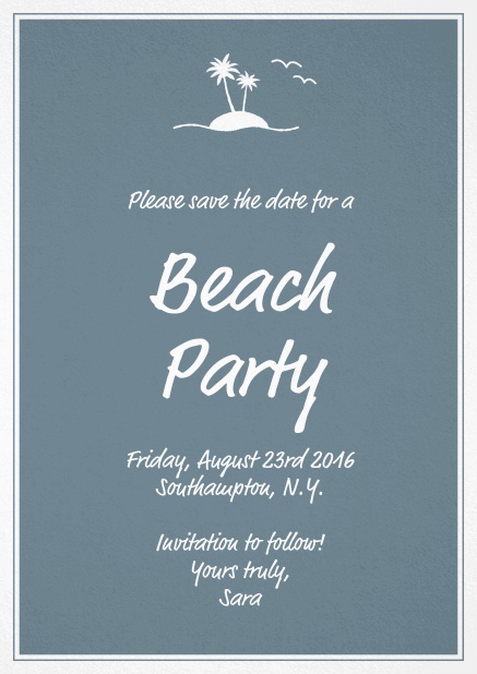Einladungskarte zur Beach Party mit kleiner Insel mit Palmen. Grau.