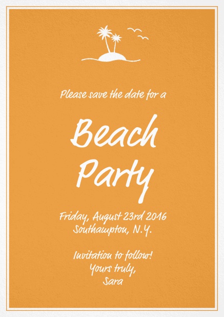 Einladungskarte zur Beach Party mit kleiner Insel mit Palmen. Orange.