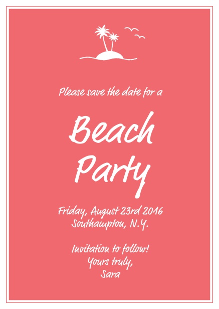 Online save the date card with small island illusatration with palm trees. Pink.