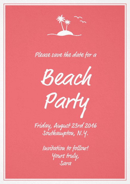 Einladungskarte zur Beach Party mit kleiner Insel mit Palmen. Rosa.