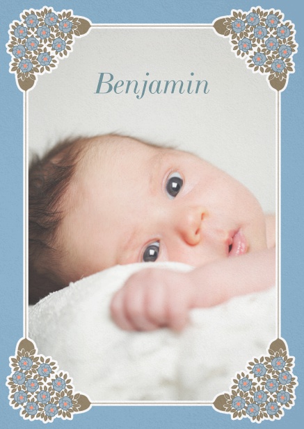Birth announcement photo card with golden and floral art-nouveau frame. Blue.
