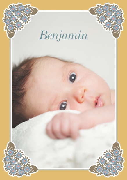 Online Birth announcement photo card with golden and floral art-nouveau frame. Gold.