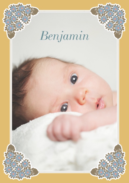 Online Birth announcement photo card with golden and floral art-nouveau frame.