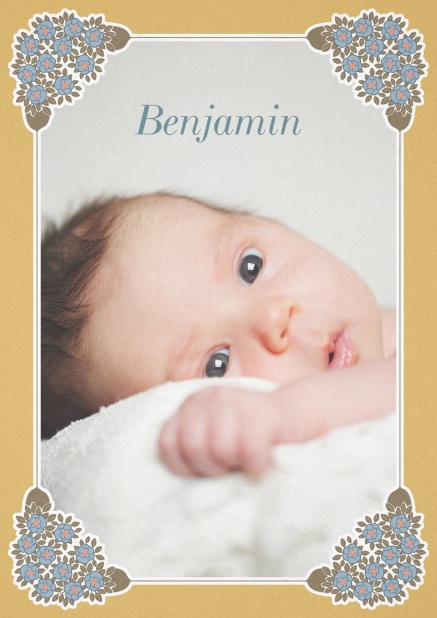 Birth announcement photo card with golden and floral art-nouveau frame. Gold.