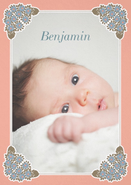 Birth announcement photo card with golden and floral art-nouveau frame. Pink.