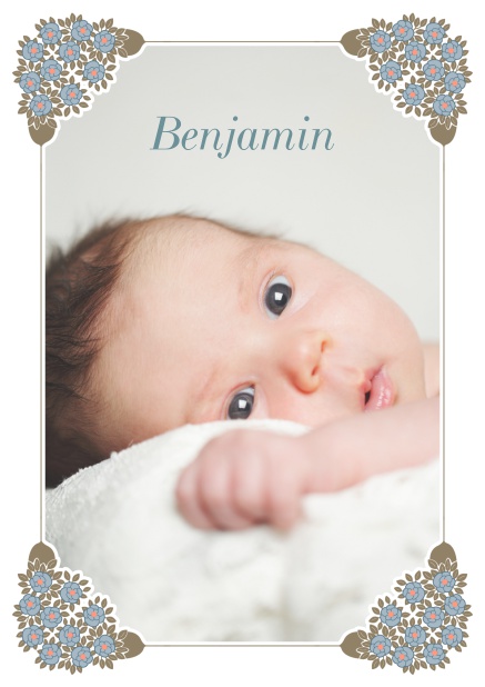 Online Birth announcement photo card with golden and floral art-nouveau frame. White.