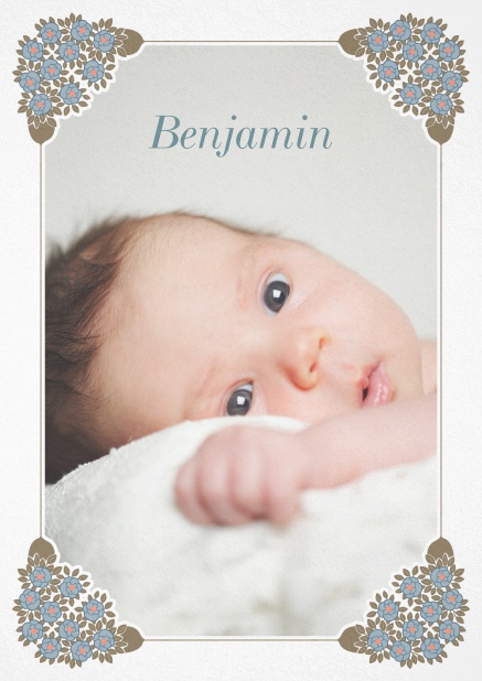 Birth announcement photo card with golden and floral art-nouveau frame. White.