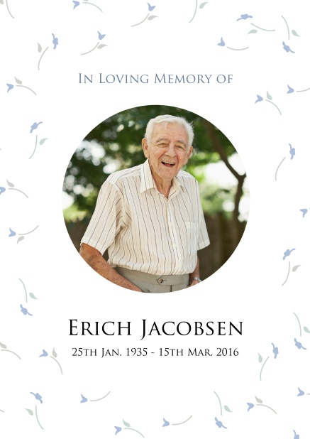 Online Memorial invitation card for celebrating a love one with oval photo and flowers.