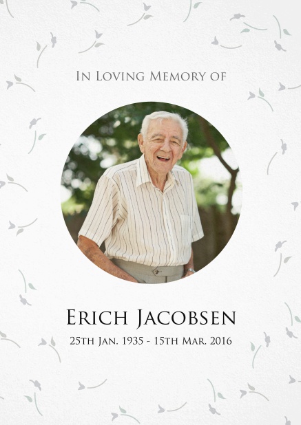 Memorial invitation card for celebrating a love one with oval photo and flowers. Grey.