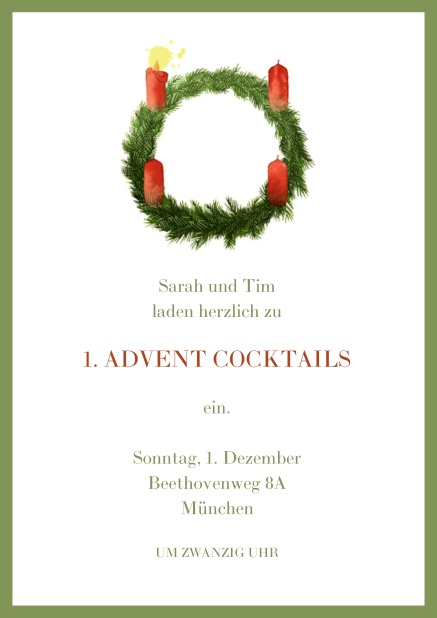 Online Einladungskarte zum dritten Advent mit einer brennenden Kerzen Grün.