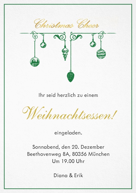 Einladungskarte zur Weihnachtsparty mit Weihnachtsschmuck und passendem Rahmen. Grün.