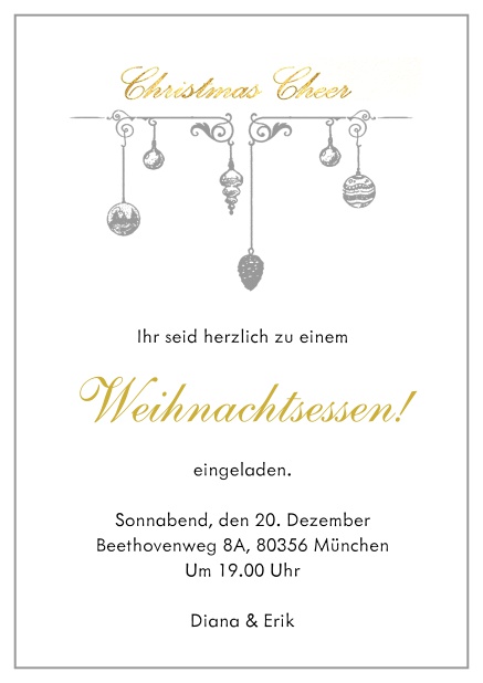 Online Einladungskarte zur Weihnachtsparty mit Weihnachtsschmuck und passendem Rahmen. Grau.