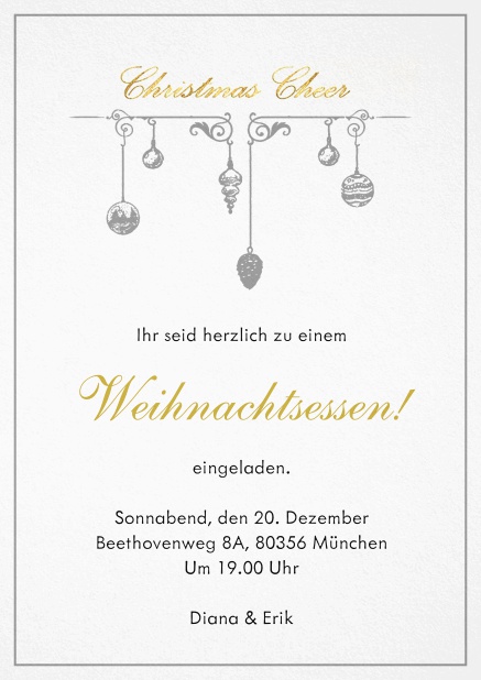Einladungskarte zur Weihnachtsparty mit Weihnachtsschmuck und passendem Rahmen. Grau.