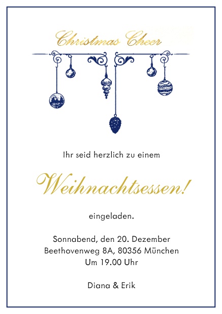 Online Einladungskarte zur Weihnachtsparty mit Weihnachtsschmuck und passendem Rahmen. Marine.