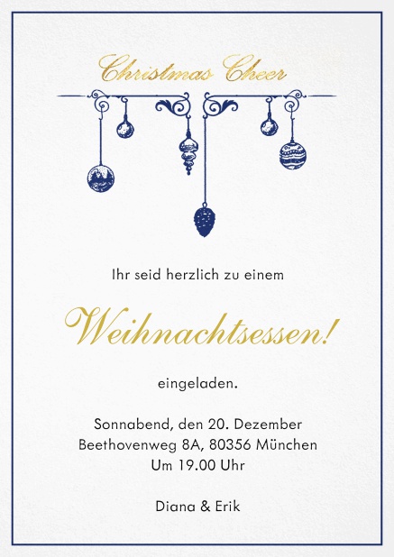 Einladungskarte zur Weihnachtsparty mit Weihnachtsschmuck und passendem Rahmen. Marine.