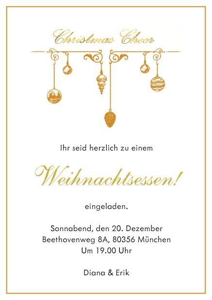 Online Einladungskarte zur Weihnachtsparty mit Weihnachtsschmuck und passendem Rahmen. Orange.