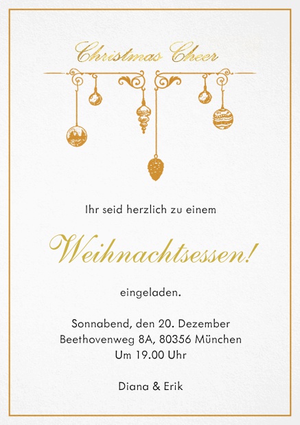 Einladungskarte zur Weihnachtsparty mit Weihnachtsschmuck und passendem Rahmen. Orange.
