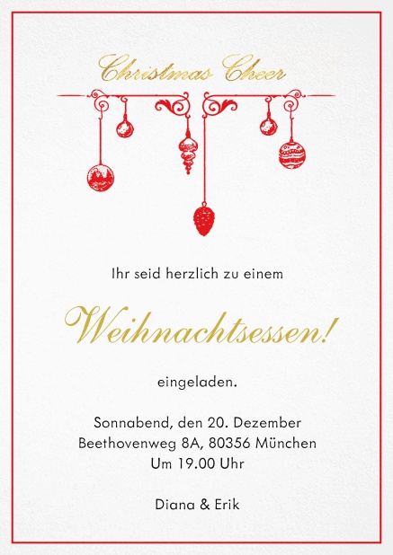 Einladungskarte zur Weihnachtsparty mit Weihnachtsschmuck und passendem Rahmen. Rot.