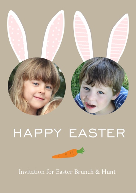 Easter Bunnies - Easter A lively card with pink Easter bunny ears above 2 round photo fields for faces, perfect for Online Easter invitations