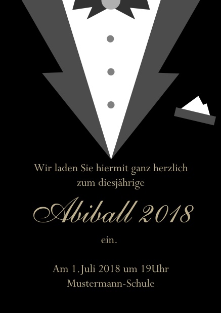 Online Abiball Einladungskarte gestaltet als Smoking Jacket Schwarz.