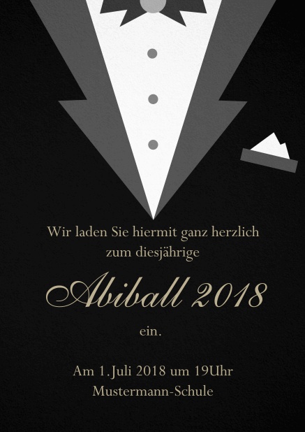 Abiball Einladungskarte gestaltet als Smoking Jacket Schwarz.
