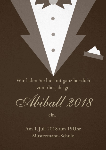 Abiball Einladungskarte gestaltet als Smoking Jacket Braun.