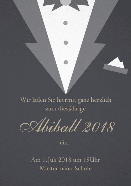 Abiball Einladungskarte gestaltet als Smoking Jacket Grau.