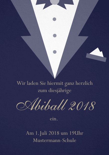 Abiball Einladungskarte gestaltet als Smoking Jacket Marine.