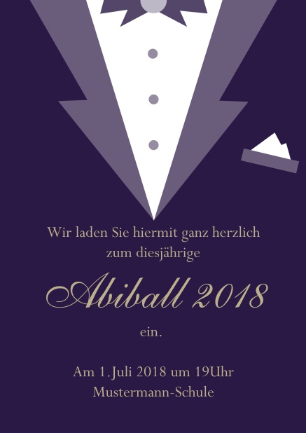 Online Abiball Einladungskarte gestaltet als Smoking Jacket Lila.