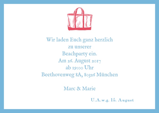 Sommerliche Online Einladungskarte mit Strandtasche. Blau.