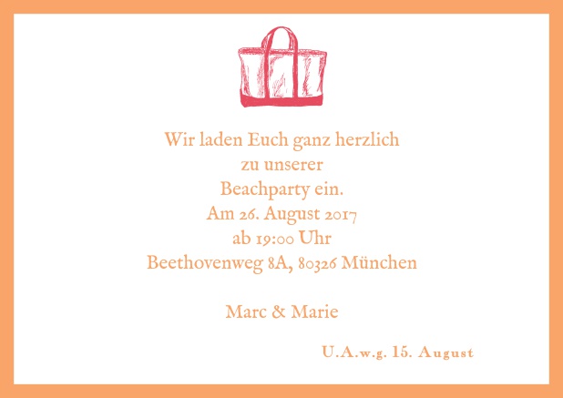 Sommerliche Online Einladungskarte mit Strandtasche. Orange.