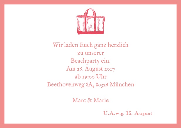 Sommerliche Online Einladungskarte mit Strandtasche. Rosa.