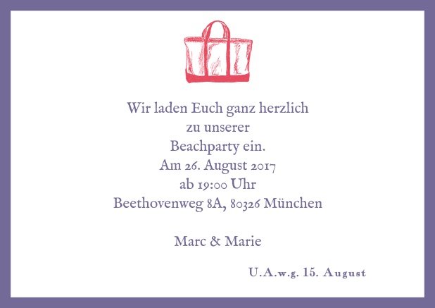 Sommerliche Online Einladungskarte mit Strandtasche. Lila.