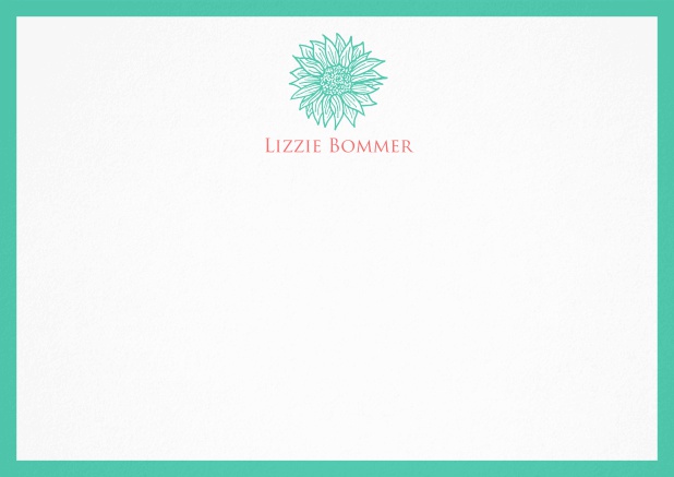 Personalizable note card with flower and frame in various colors. Green.