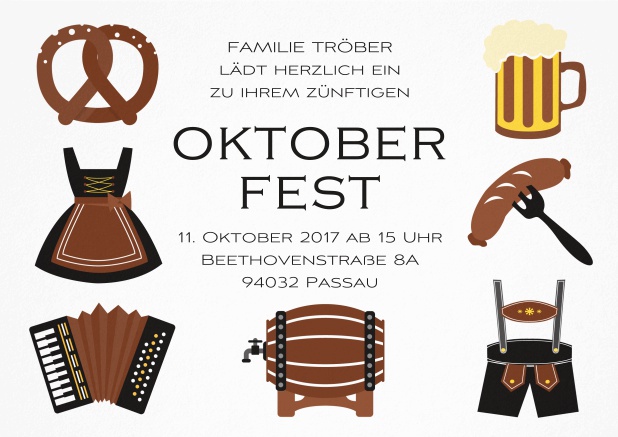 Oktoberfest Einladungskarte mit 7 klassischen Abbildungen, von der Dirndl zum Bierfass. Schwarz.