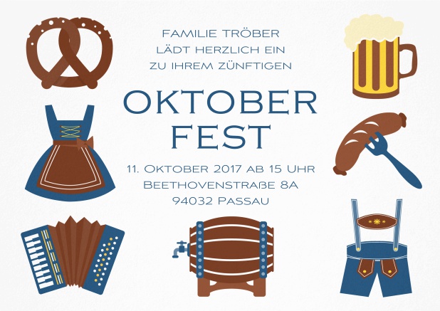 Oktoberfest Einladungskarte mit 7 klassischen Abbildungen, von der Dirndl zum Bierfass. Blau.