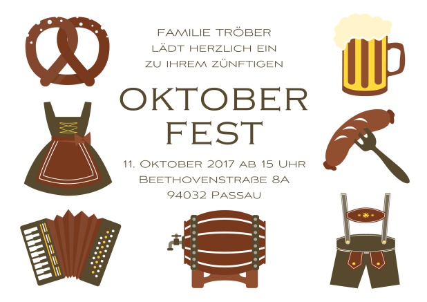 Online Oktoberfest Einladungskarte mit 7 klassischen Abbildungen, von der Dirndl zum Bierfass. Braun.