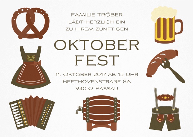 Oktoberfest Einladungskarte mit 7 klassischen Abbildungen, von der Dirndl zum Bierfass. Braun.