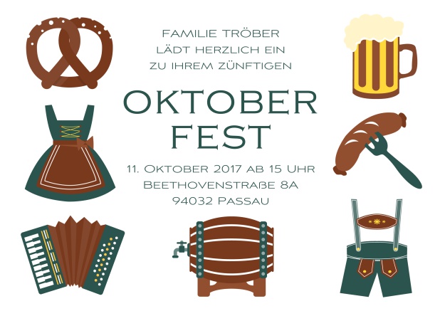 Online Oktoberfest Einladungskarte mit 7 klassischen Abbildungen, von der Dirndl zum Bierfass. Grün.