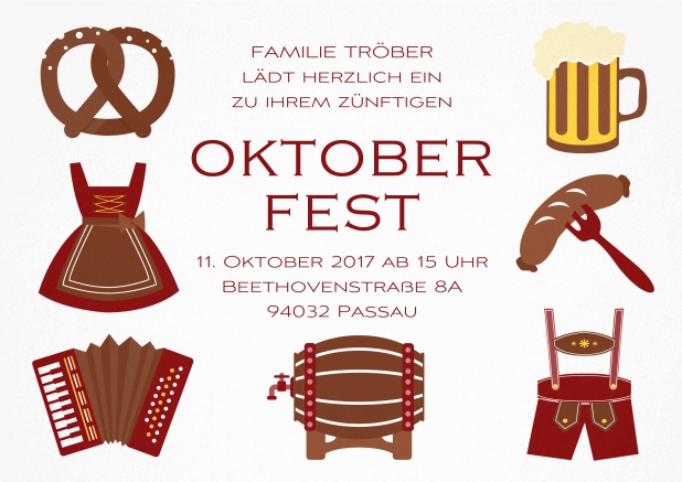 Oktoberfest Einladungskarte mit 7 klassischen Abbildungen, von der Dirndl zum Bierfass. Rot.