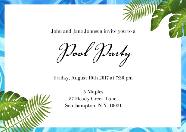 Pretty online invitation card with pool water frame and tropical plants