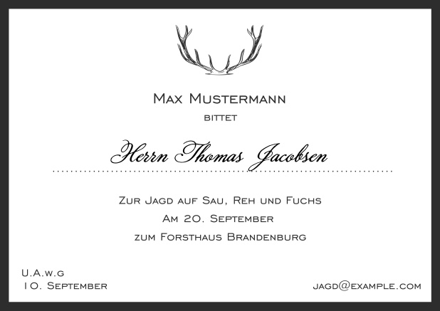 Online Jagdeinladungskarte mit starkem Hirschgeweih und elegantem Rand in verschiedenen Farben. Schwarz.
