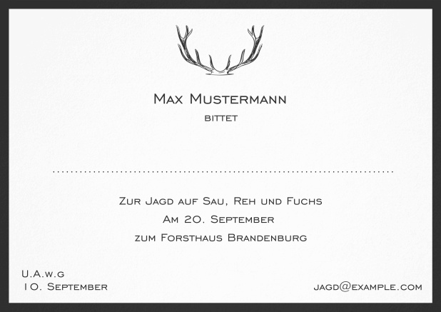 Jagdeinladungskarte mit starkem Hirschgeweih und elegantem Rand in verschiedenen Farben. Schwarz.