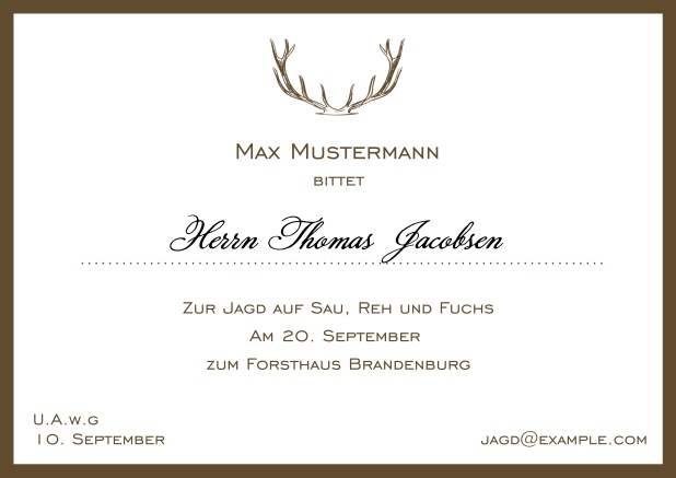 Online Jagdeinladungskarte mit starkem Hirschgeweih und elegantem Rand in verschiedenen Farben.
