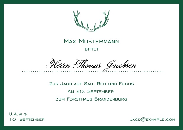 Online Jagdeinladungskarte mit starkem Hirschgeweih und elegantem Rand in verschiedenen Farben. Grün.