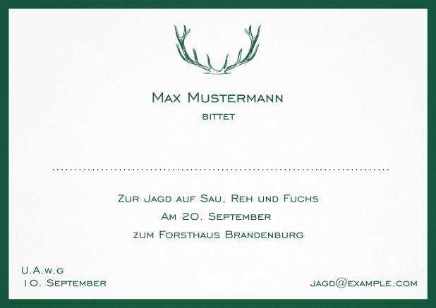 Jagdeinladungskarte mit starkem Hirschgeweih und elegantem Rand in verschiedenen Farben. Grün.