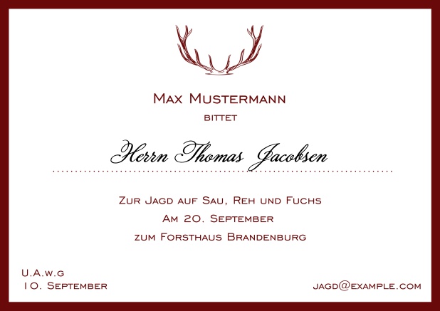 Online Jagdeinladungskarte mit starkem Hirschgeweih und elegantem Rand in verschiedenen Farben. Rot.