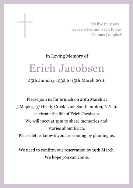 Online Classic Memorial invitation card with black frame and Cross top left. Purple.
