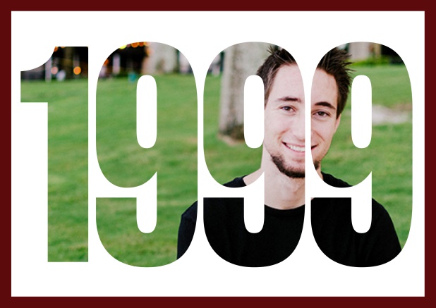 1999 geboren mit Rahmen - Rot - 20. Geburtstag Online Einladungskarte zum 20. Geburtstag mit ausgeschnittenem Geburtsjahr 1999 über einem Foto. Rot.